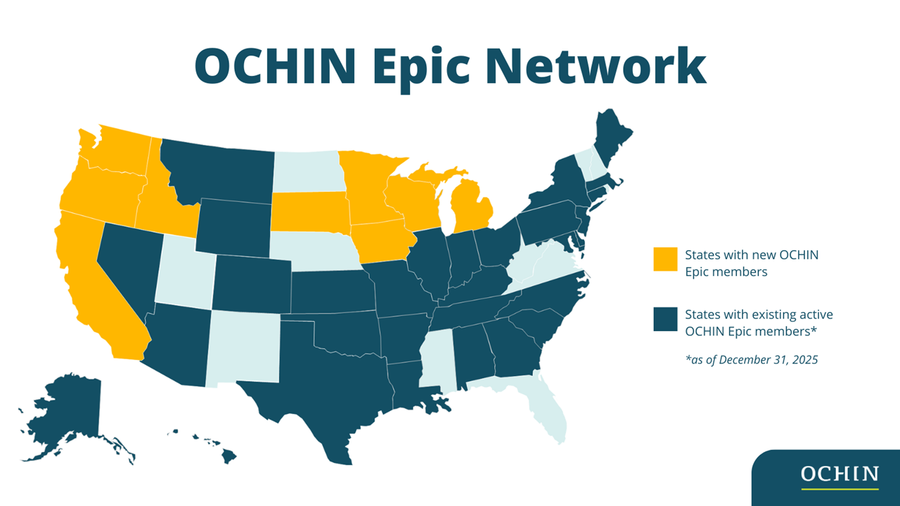 OCHIN Epic Network U.S. Map of New and Active Member States Map of the United States showing states with new and existing OCHIN Epic Network members as of March 2026